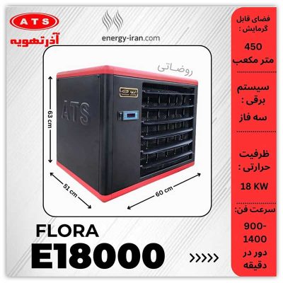 ابعاد هیتر برقی آذرتهویه E18000 طرح فلورا با توان ۱۸ کیلووات، ظرفیت گرمایش ۴۵۰ مترمکعب و سرعت فن ۱۴۰۰ دور در دقیقه