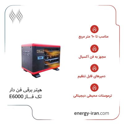 هیتر برقی تکفاز آذرتهویه E6000 طرح فلورا با فن آکسیال، دمپر قابل تنظیم و ترموستات محیطی دیجیتال مناسب گرمایش فضای حدود ۶۰ مترمربع
