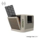 نمای جانبی کولر آبی سلولزی پلیمری انرژی مدل EC 0750 PB با دریچه هوای خروجی و بخش باز شده سمت پد، نمایش پد سلولزی و فیلتر توری