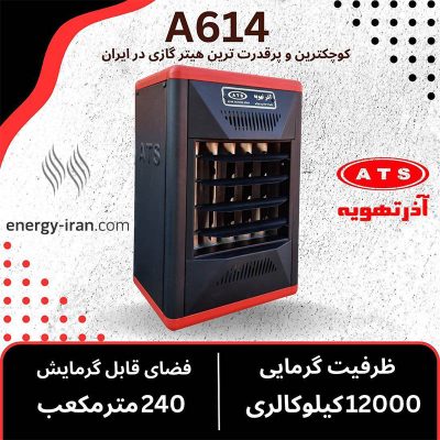نمودار ظرفیت گرمایی و مساحت قابل پوشش بخاری گازی فن دار آذرتهویه مدل A614